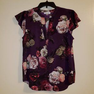 Calvin Klein Split Neck Purple Floral Flutter Sleeve Top